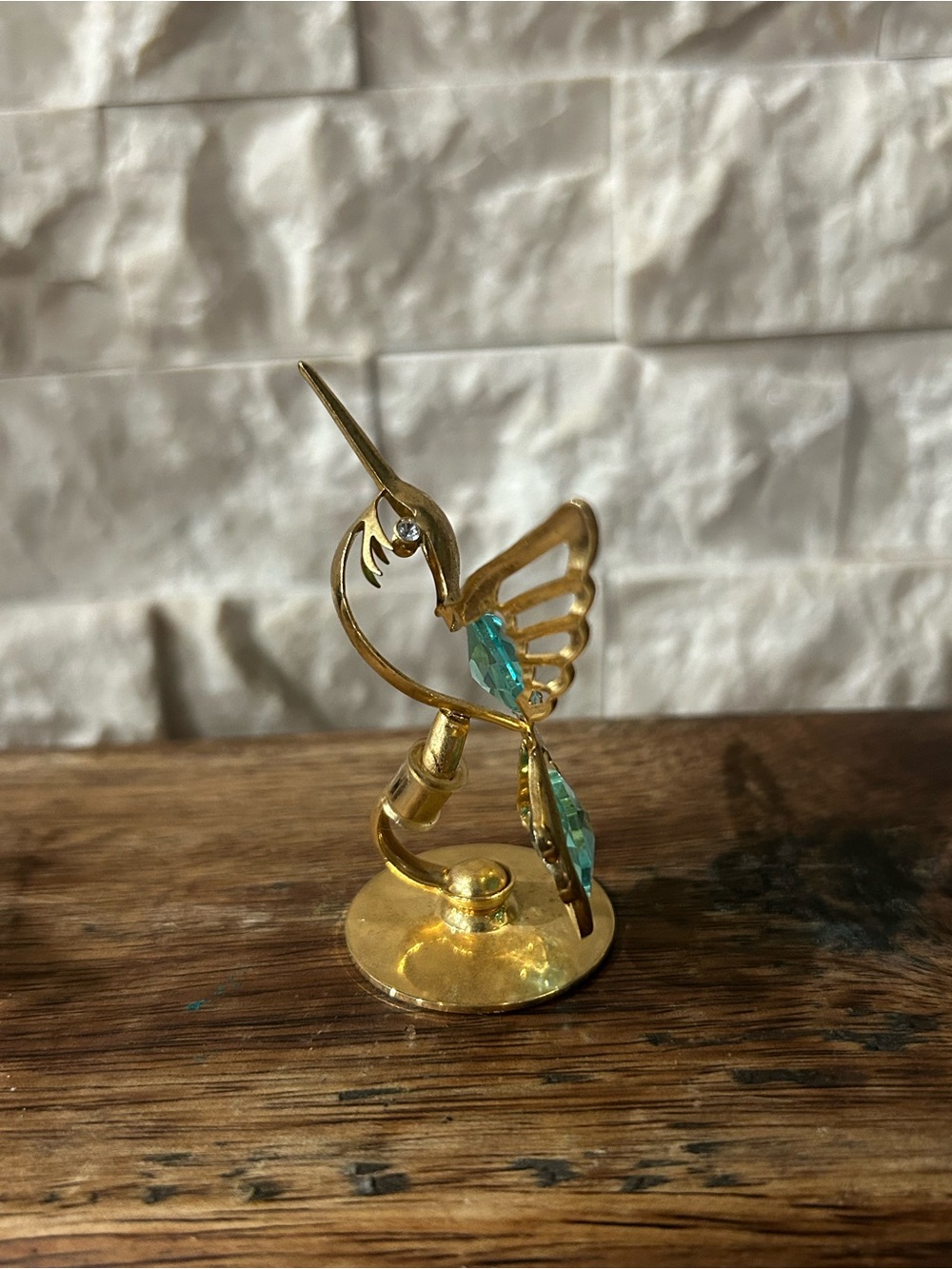 Gold Hummingbird Sculpture with Teal Crystal Accents